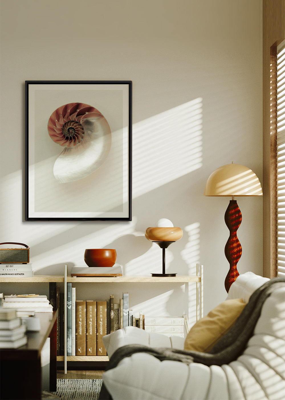 Sea opened snail - Framed canvas in an interior