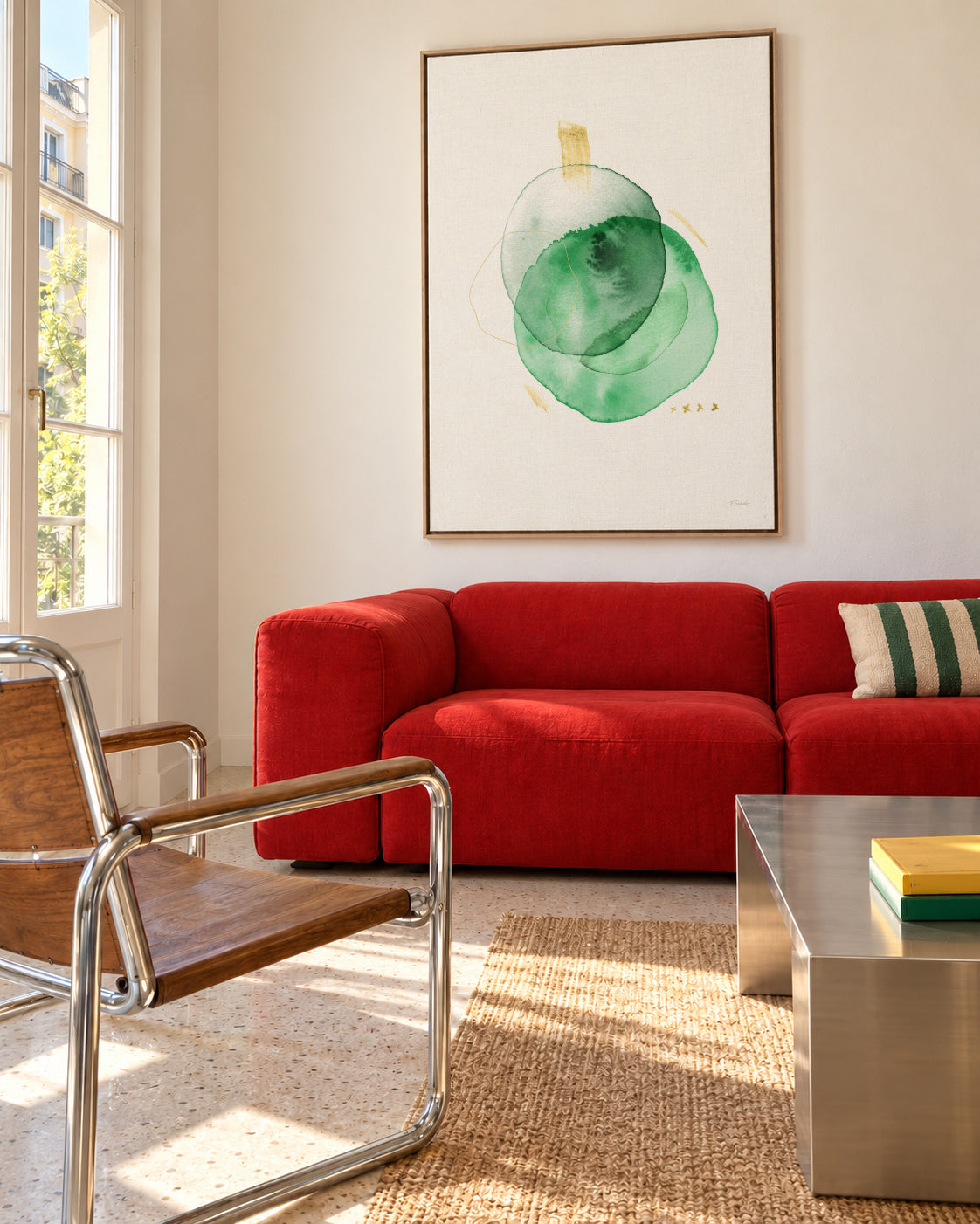 GIROS EN VERDE Y ORO - Framed canvas in an interior