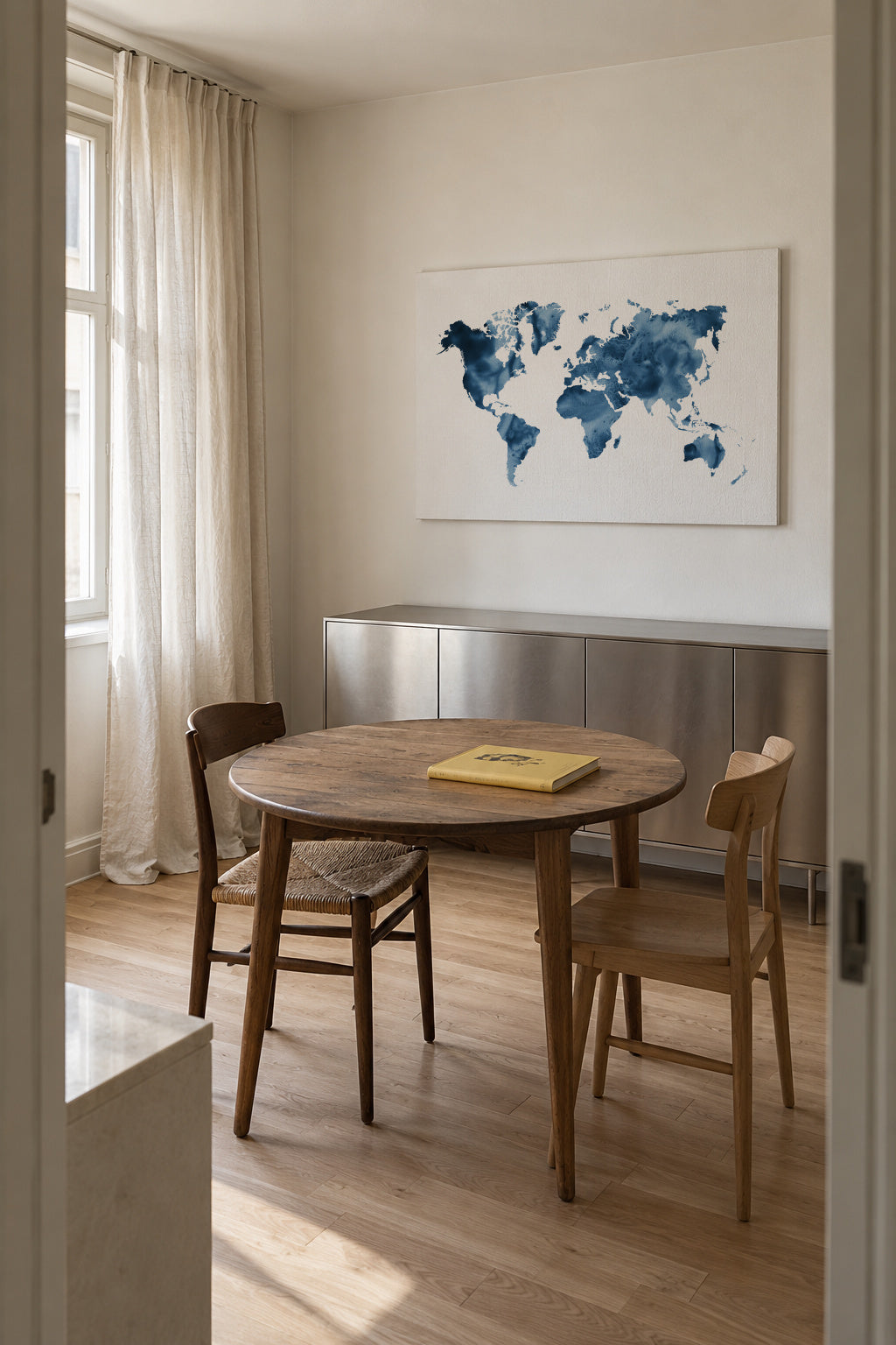 Indigo Blue World Map - Unframed canvas in an interior