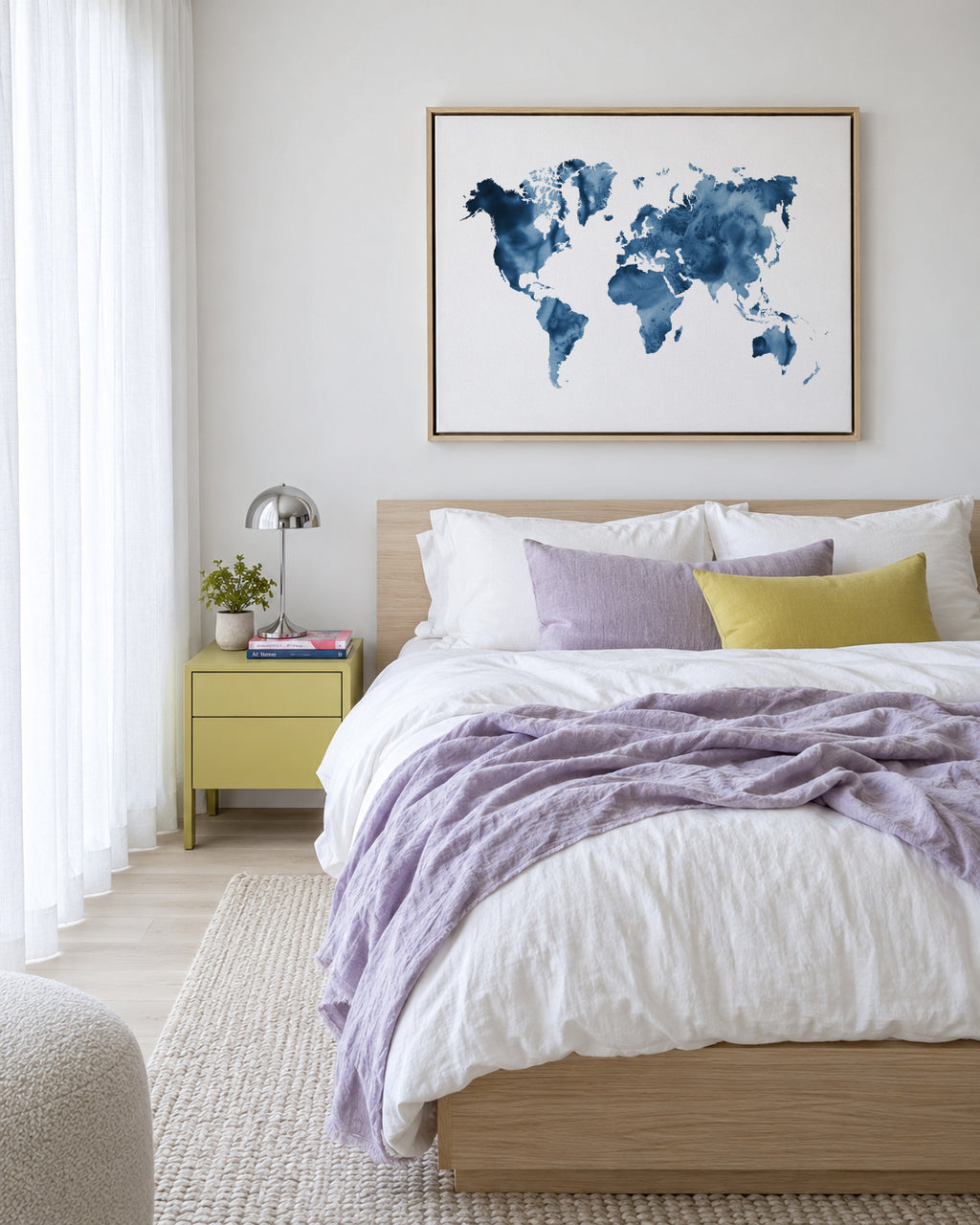 Indigo Blue World Map - Framed canvas in an interior