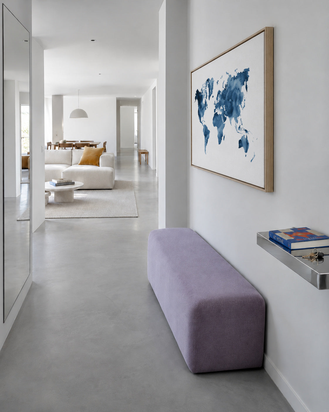 Indigo Blue World Map - Framed canvas in an interior
