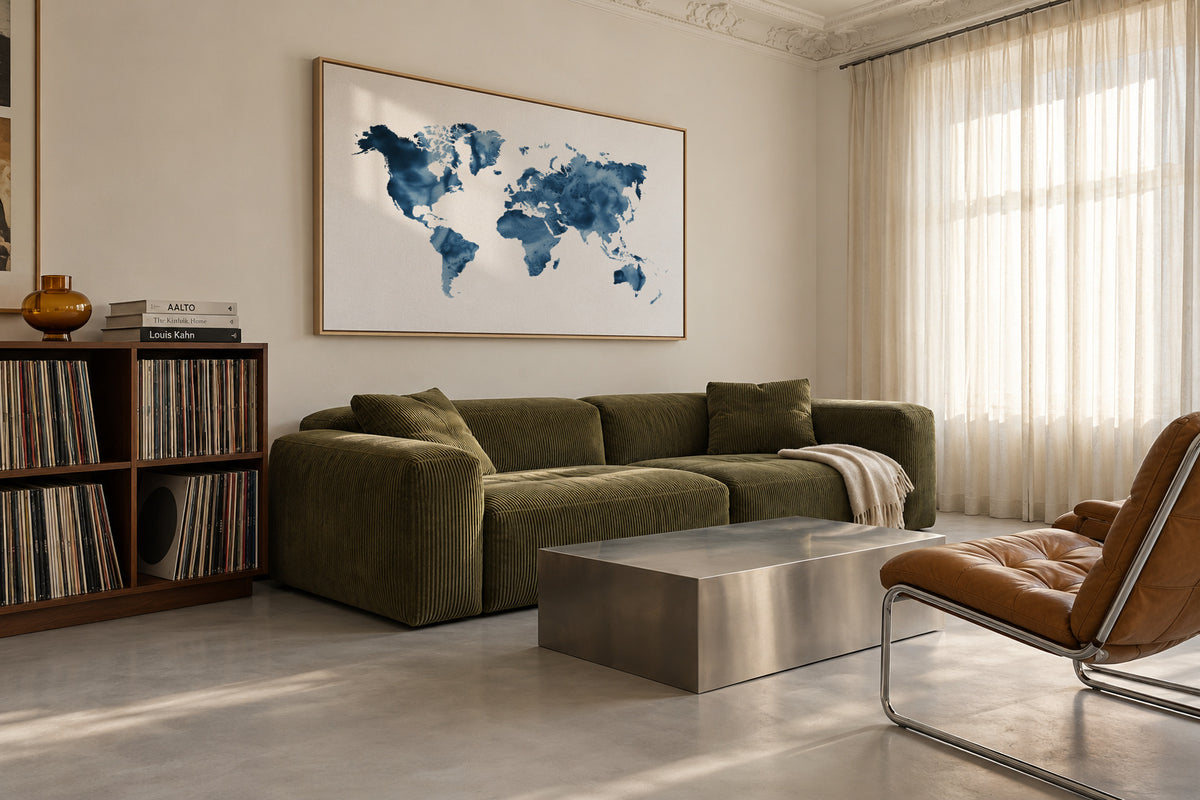 Indigo Blue World Map - Framed canvas in an interior