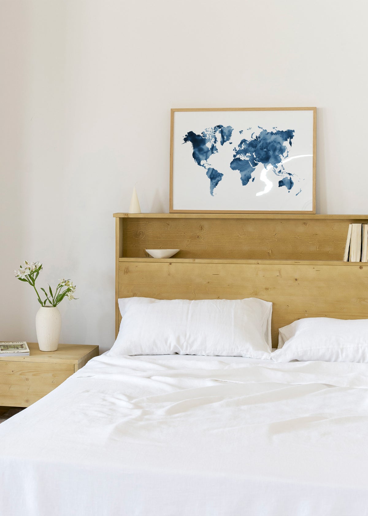 Indigo Blue World Map - Framed poster in an interior