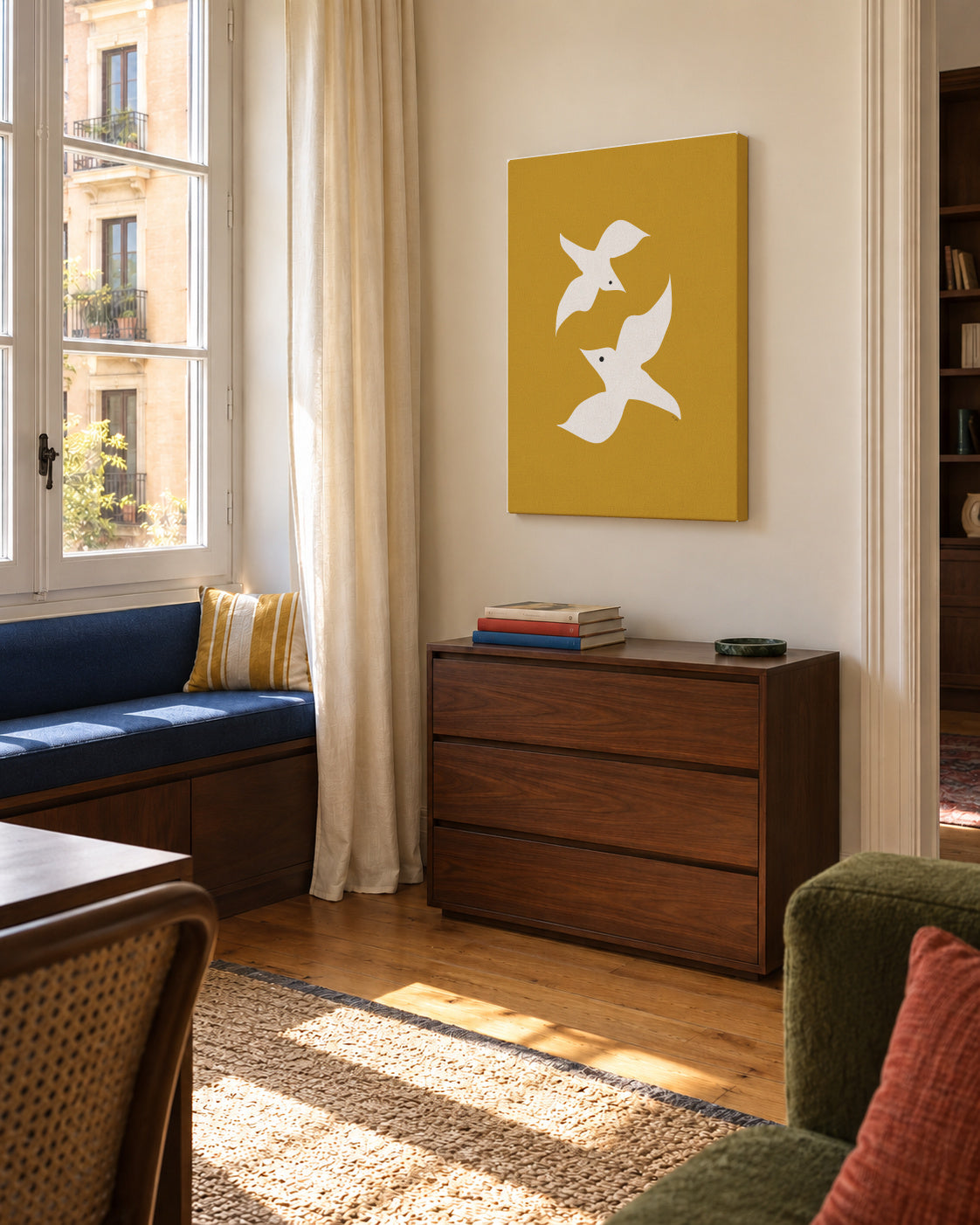 Love birds in mustard - Unframed canvas in an interior