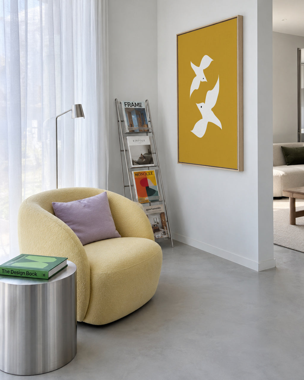 Love birds in mustard - Framed canvas in an interior