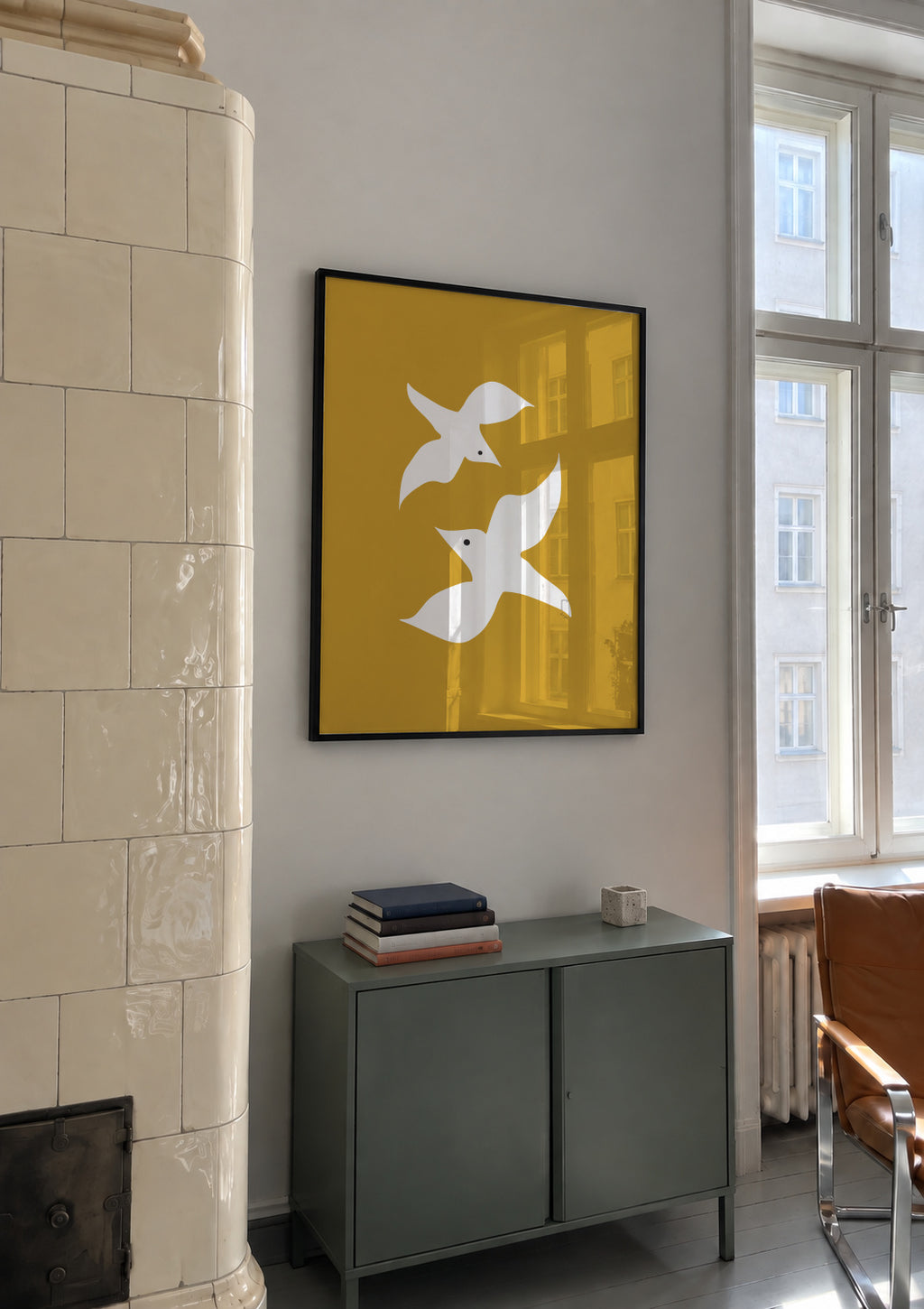 Love birds in mustard - Framed poster in an interior