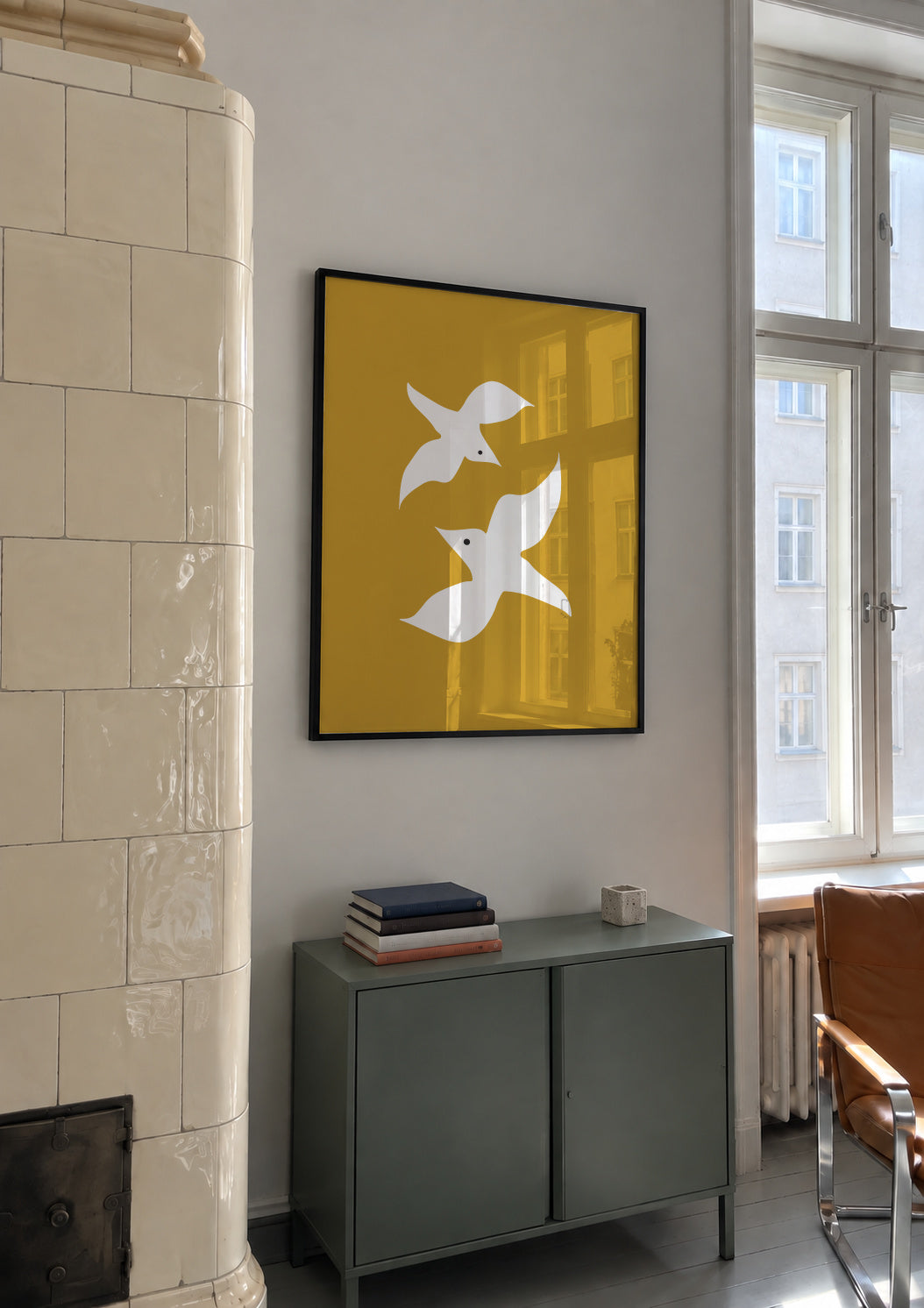 Love birds in mustard - Framed poster in an interior