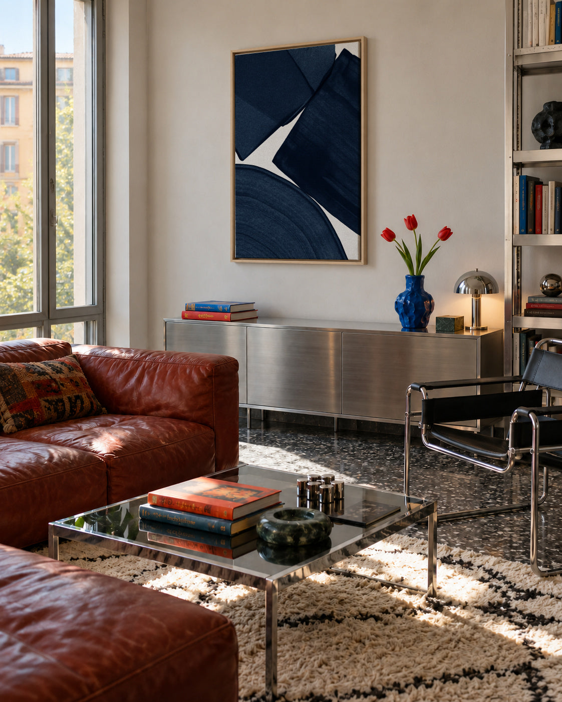 Minimalist Painting Blue II - Framed canvas in an interior