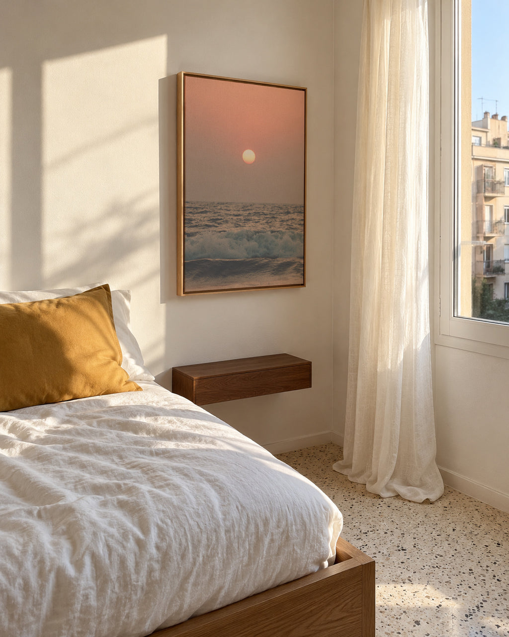 Pink beach sunset - Framed canvas in an interior
