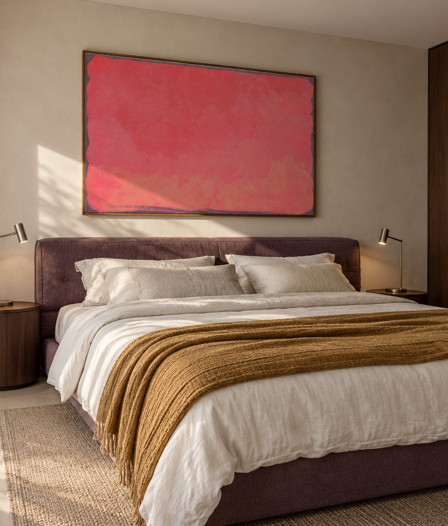 Minimal Abstract Fuschia Colorfield Painting 01 - Framed canvas in an interior