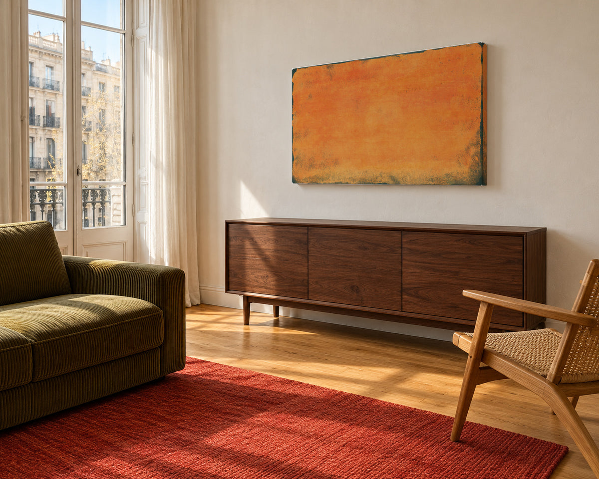 Minimal Orange Abstract Colorfield Painting 01 - Unframed canvas in an interior