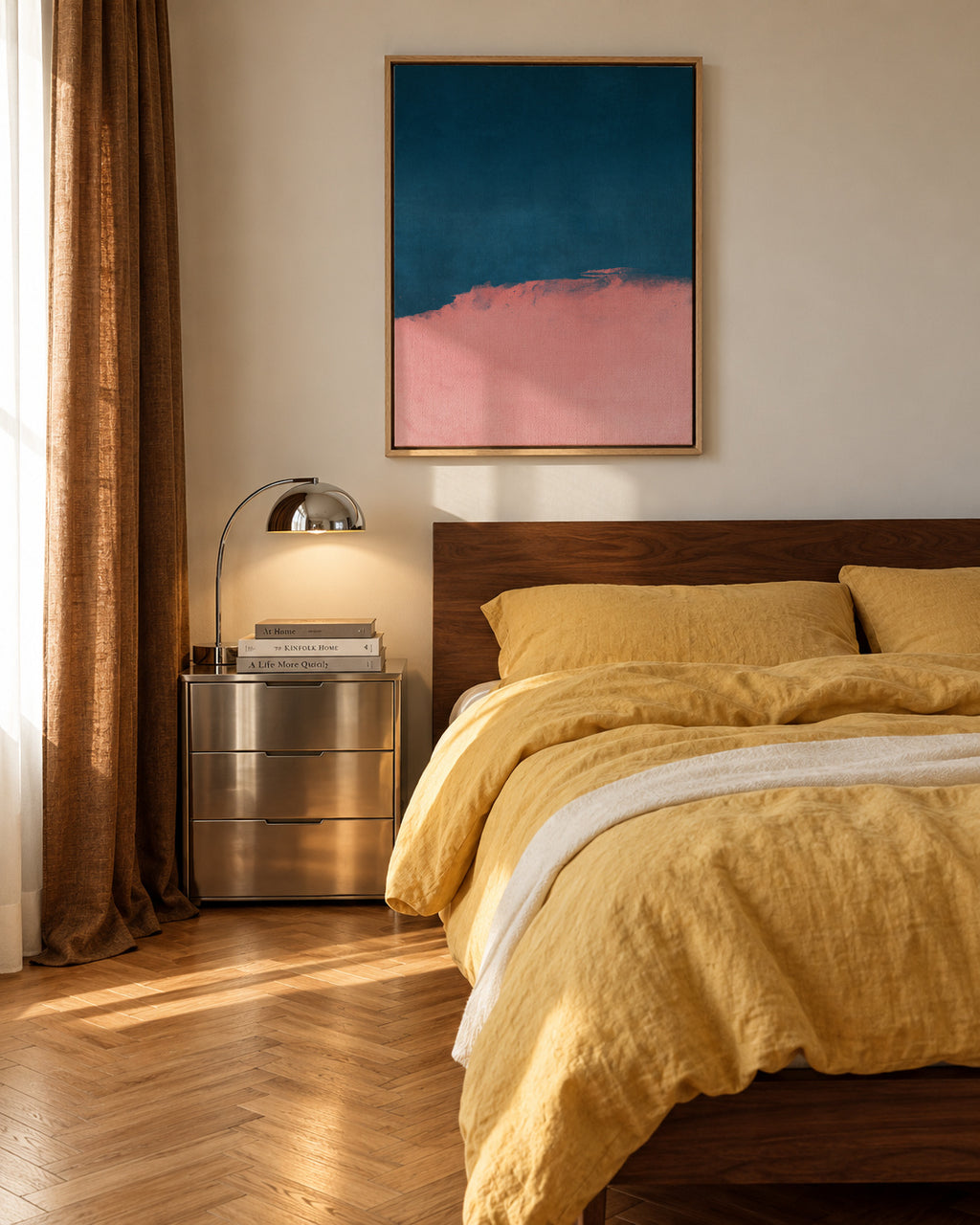 Minimal Landscape Pink and Navy Blue 01 - Framed canvas in an interior