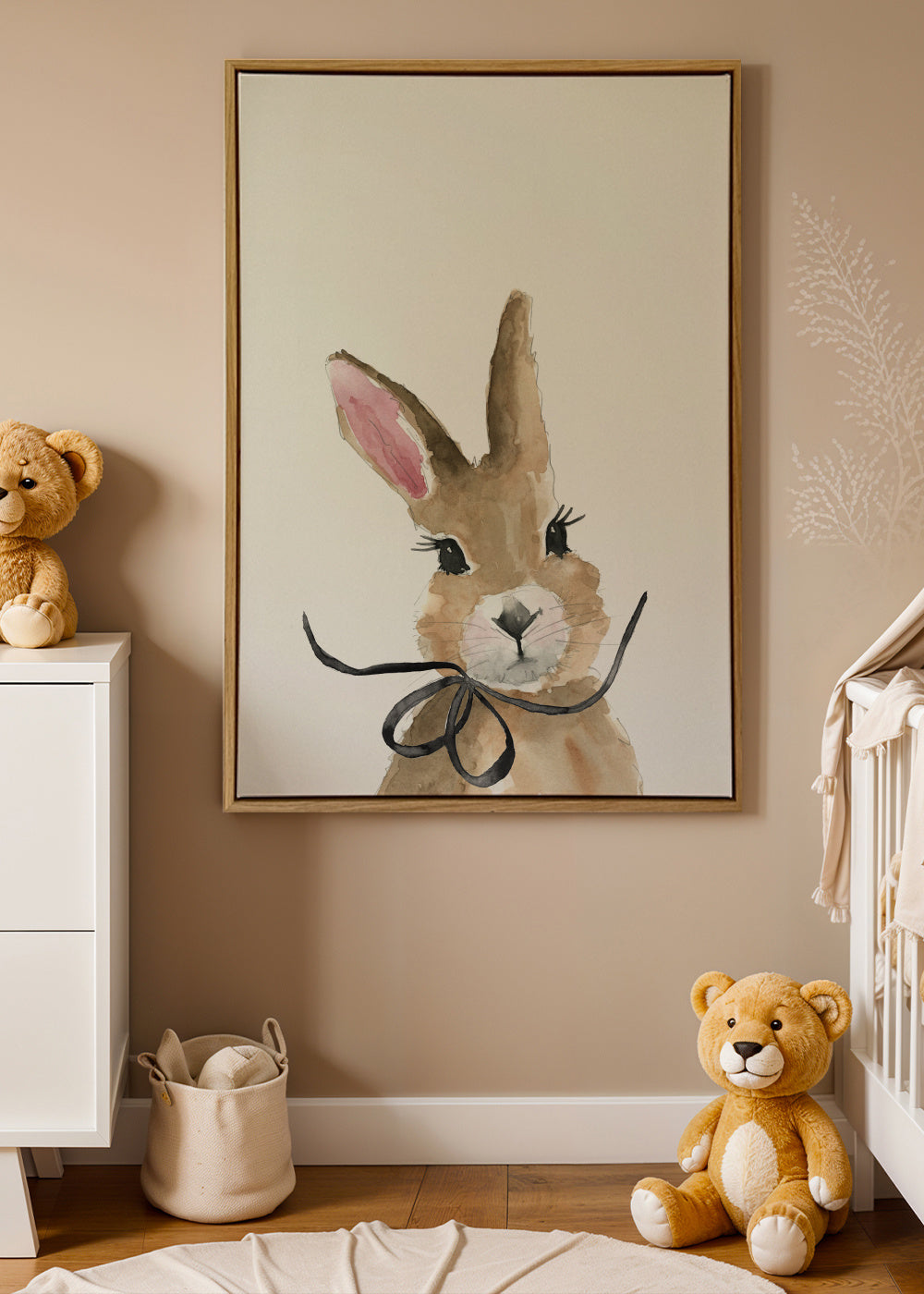 Bunny with bow - Framed canvas in an interior