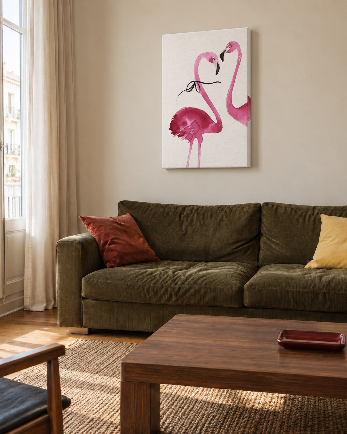 Flamingo couple cropped - Unframed canvas in an interior