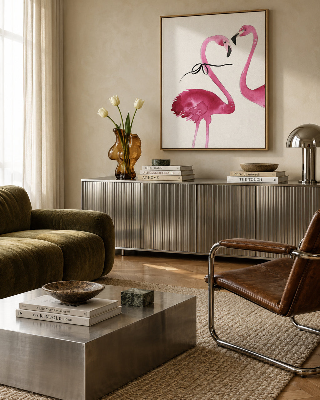 Flamingo couple cropped - Framed canvas in an interior