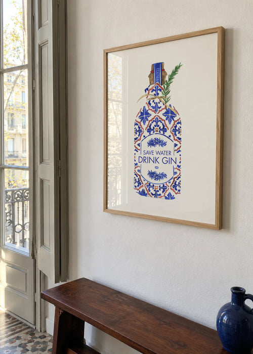 Save water drink gin - Framed poster in an interior