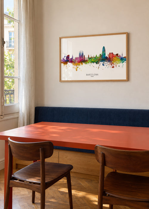 Barcelona Skyline multicolor - Framed poster in an interior