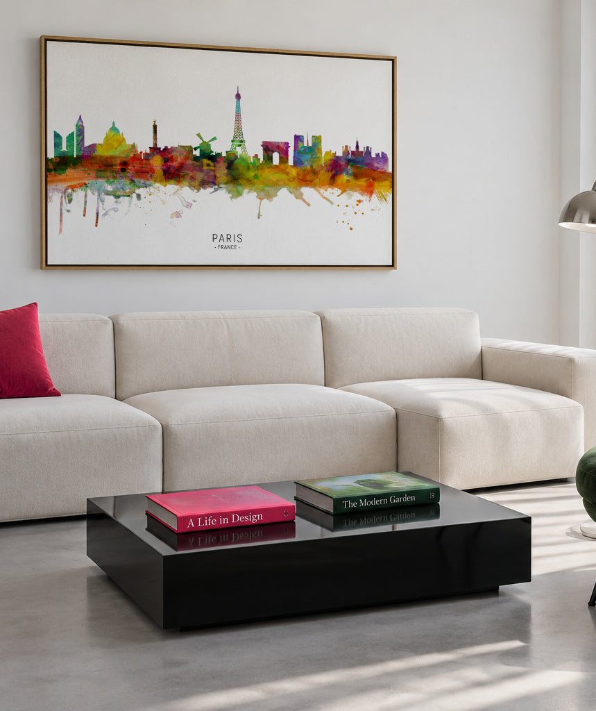 Paris Skyline multicolor - Framed canvas in an interior