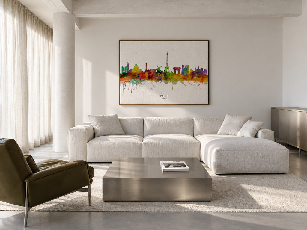Paris Skyline multicolor - Framed canvas in an interior