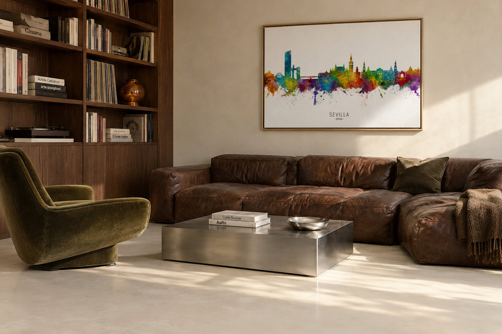 Sevilla Skyline multicolor - Framed canvas in an interior