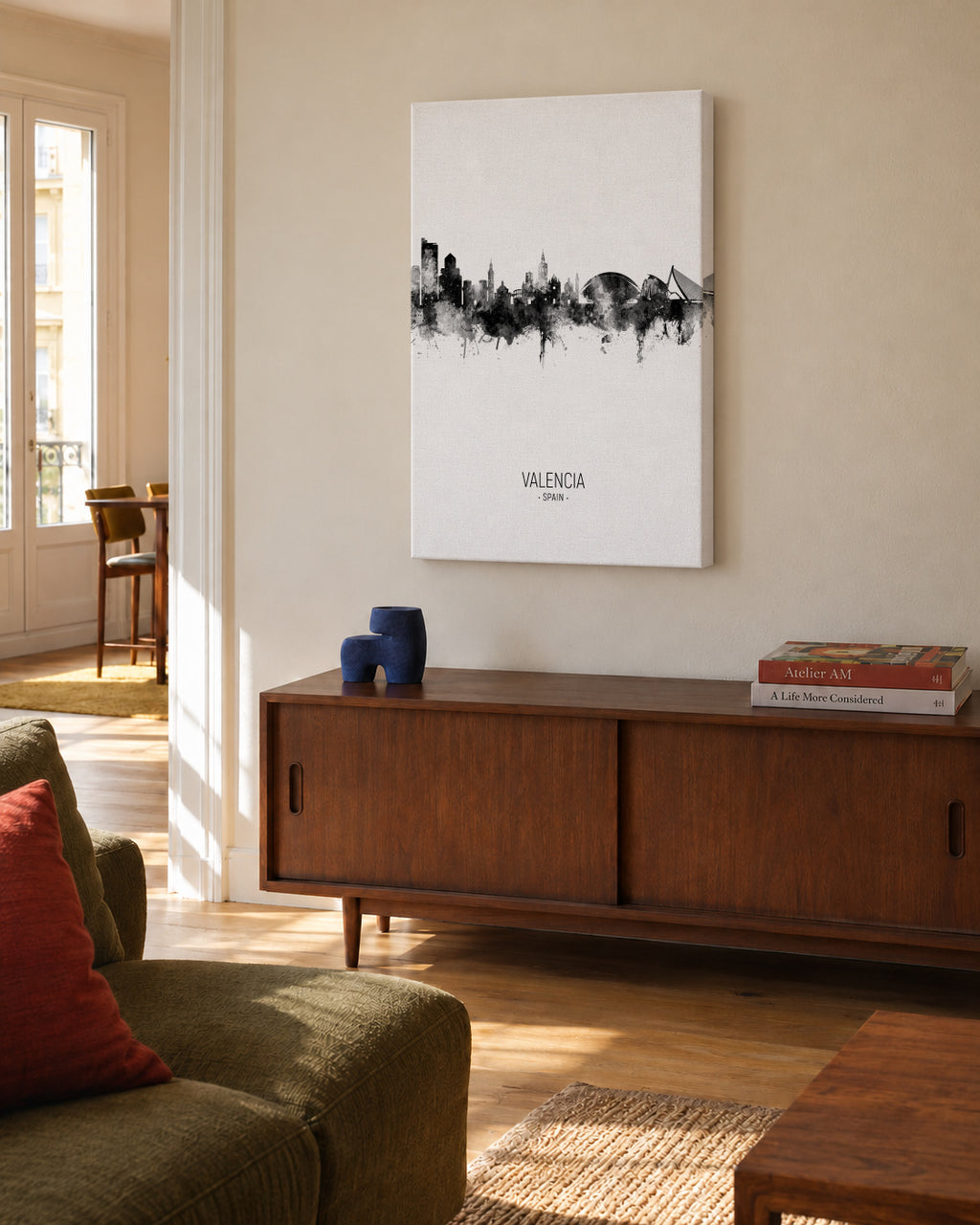 Valencia Skyline en blanco y negro - Unframed canvas in an interior