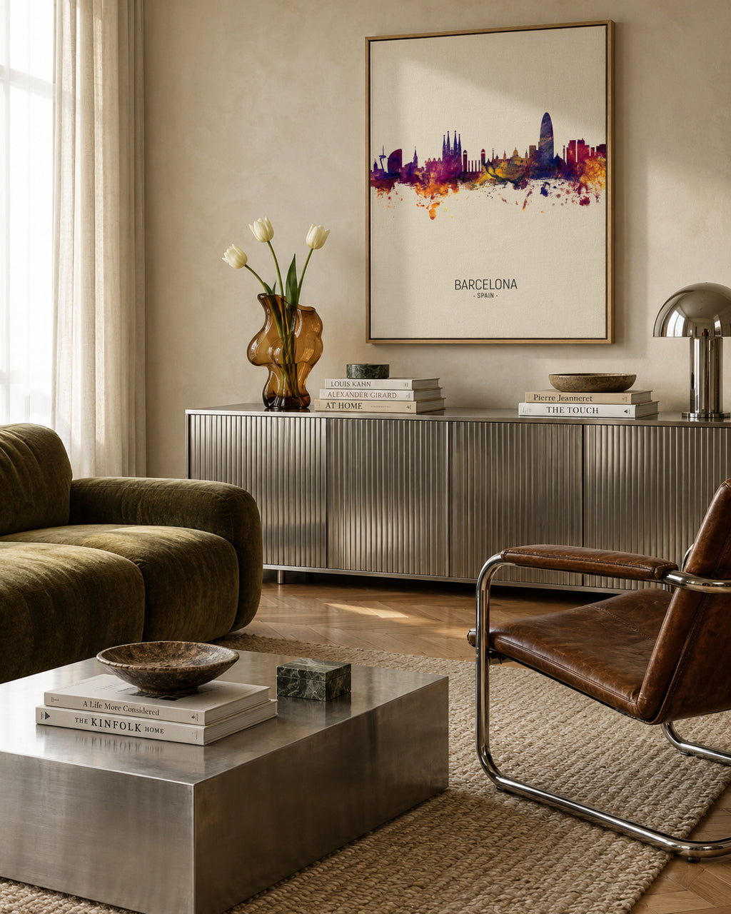 Barcelona Skyline en beige - Framed canvas in an interior