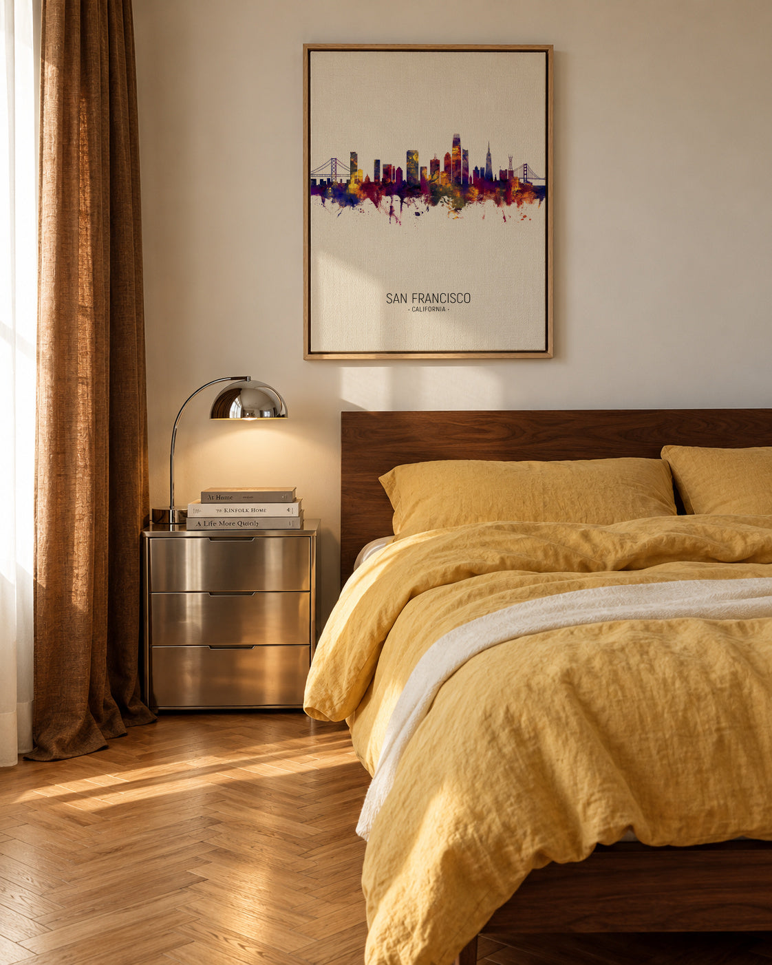 San Francisco Skyline en beige - Framed canvas in an interior