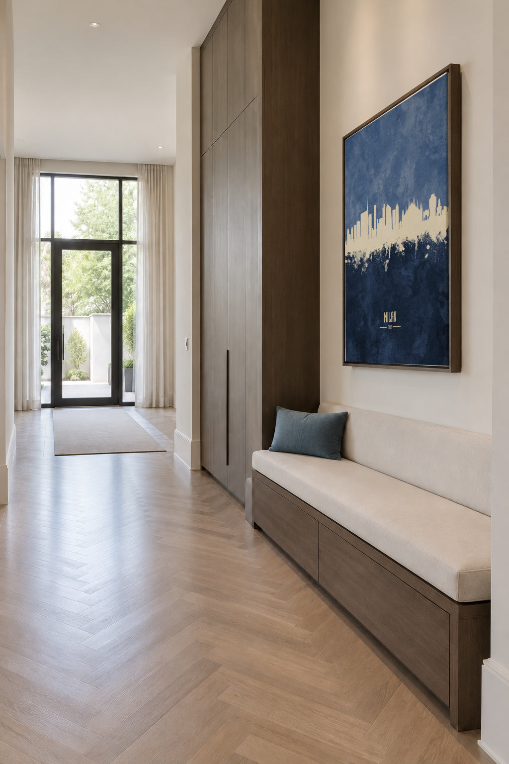 Milan Skyline Azul - Framed canvas in an interior