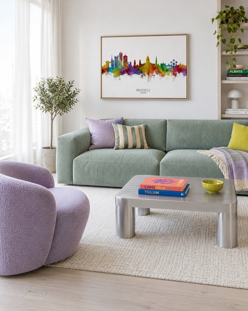 Brussels Skyline multicolor - Framed canvas in an interior