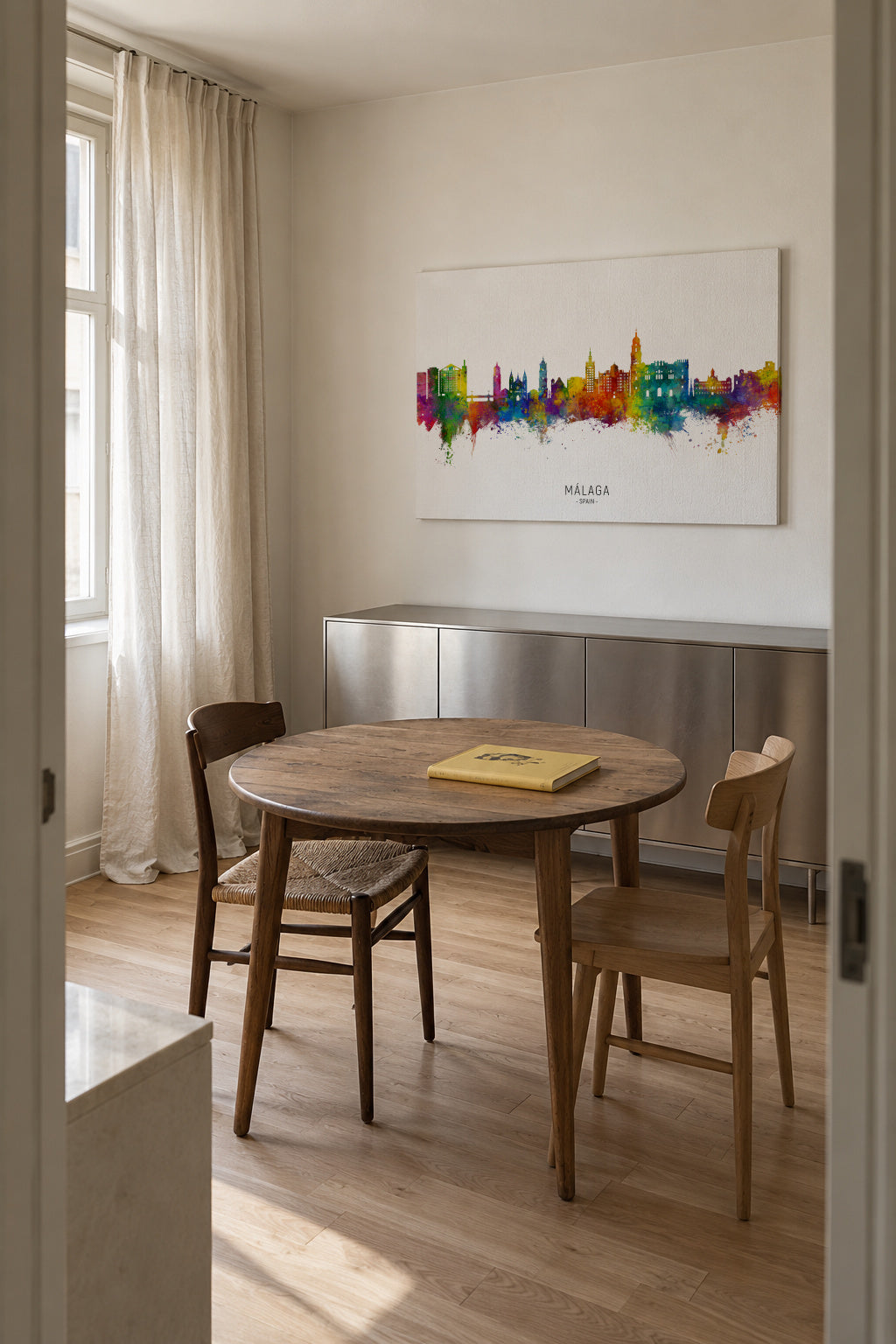 Málaga Skyline multicolor - Unframed canvas in an interior