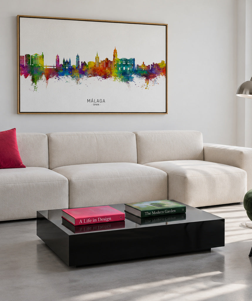 Málaga Skyline multicolor - Framed canvas in an interior