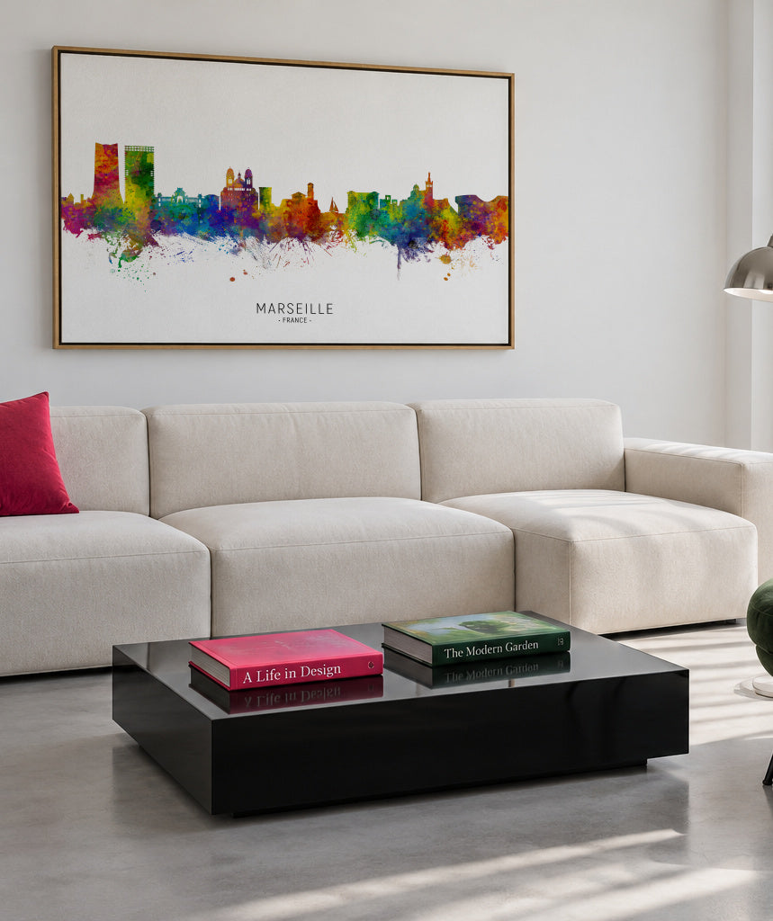 Marseille Skyline multicolor - Framed canvas in an interior