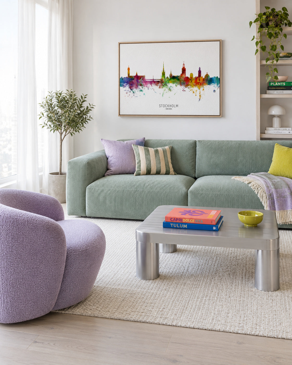Stockholm Skyline multicolor - Framed canvas in an interior