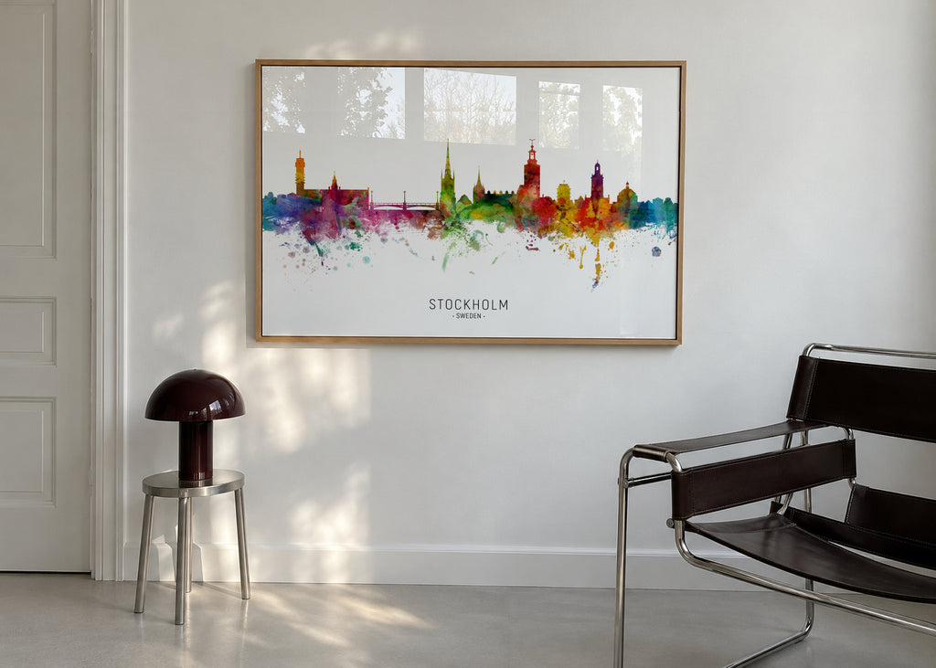 Stockholm Skyline multicolor - Framed poster in an interior