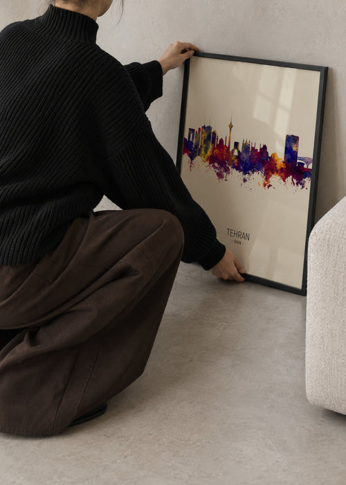 Tehran Skyline beige - Framed poster in an interior