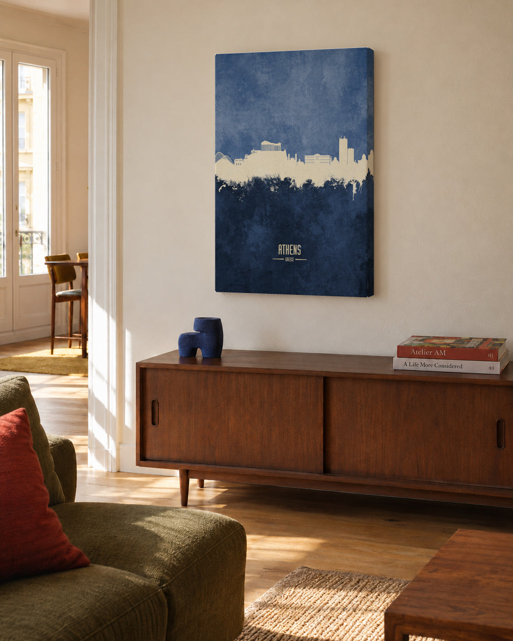 Athens Skyline azul - Unframed canvas in an interior