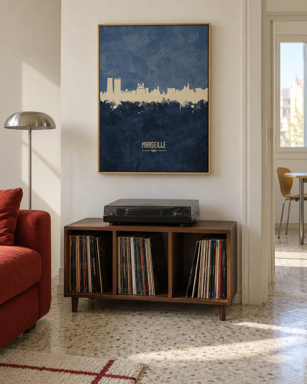 Marseille Skyline azul - Framed canvas in an interior