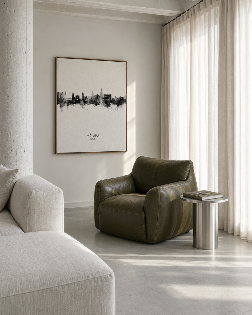 Málaga Skyline blanco y negro - Framed canvas in an interior