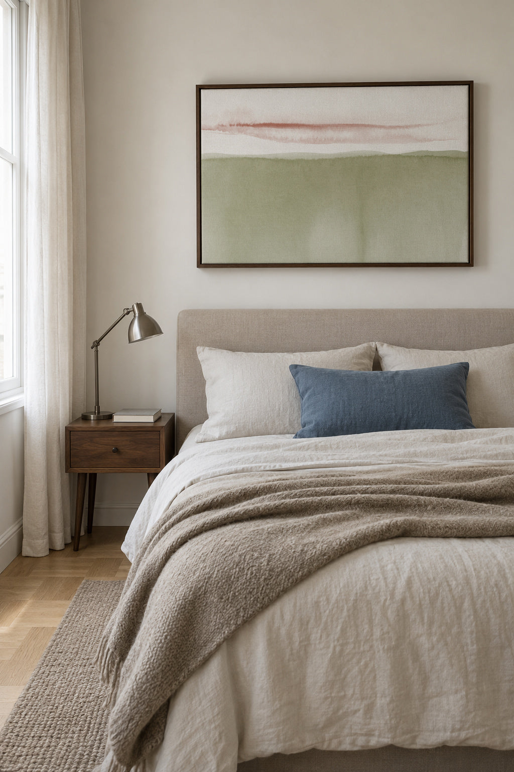 Watercolor landscape N 40 Olive green - Framed canvas in an interior