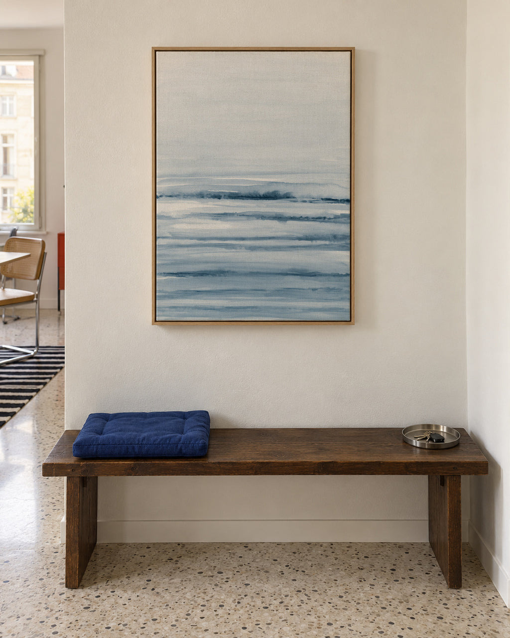 Watercolor landscape N 45 Indigo Blue - Framed canvas in an interior