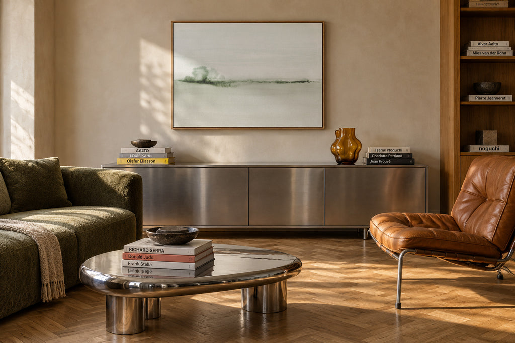 Watercolor landscape N 50 Greeny - Framed canvas in an interior