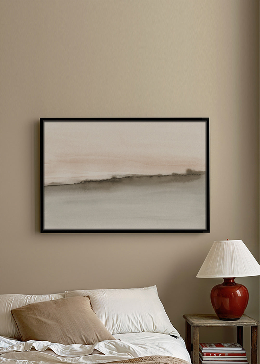 Abstract watercolor landscape in coral and sepia