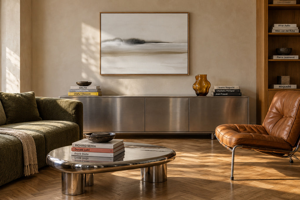 Hazy horizon in sepia and black watercolor - Framed canvas in an interior