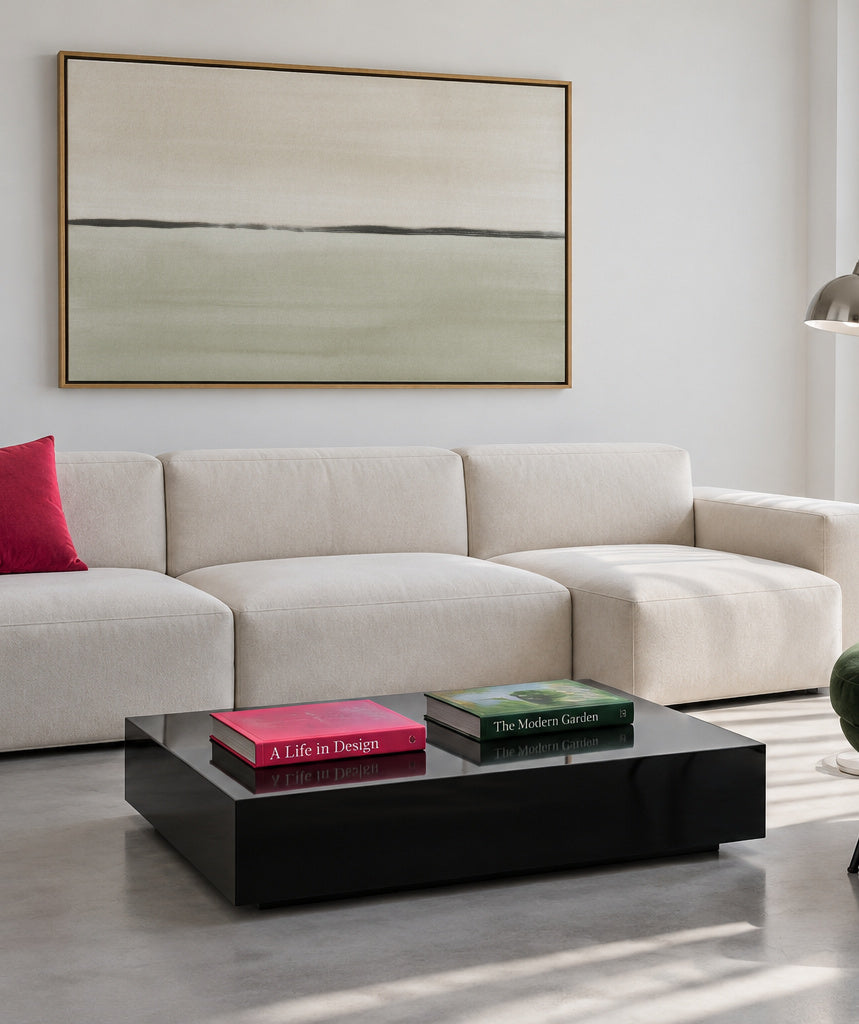 Minimalist horizon in soft olive green and sepia - Framed canvas in an interior