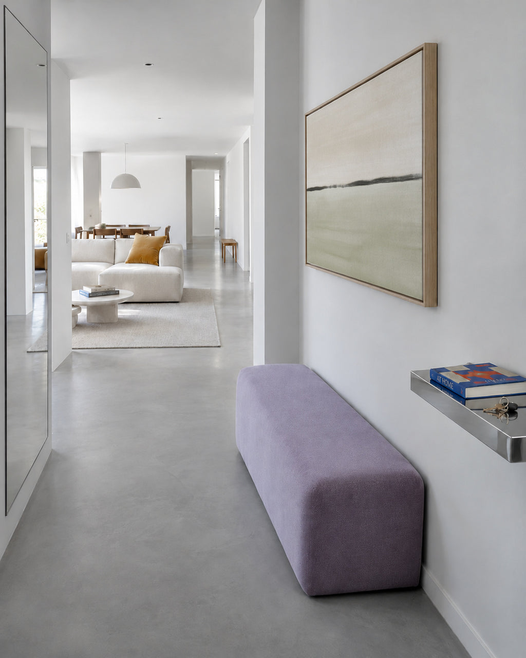 Minimalist horizon in soft olive green and sepia - Framed canvas in an interior