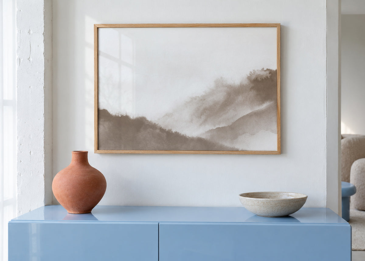 Misty mountains in sepia tones - Framed poster in an interior