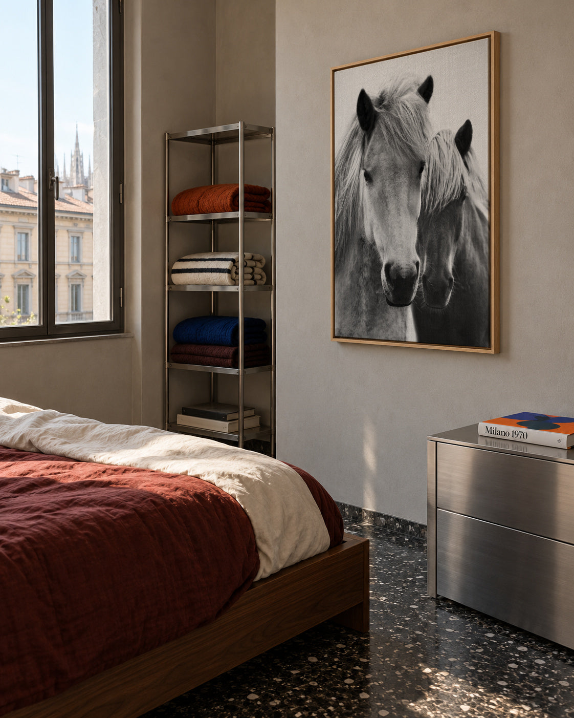 Horses - Black & White 7 - Framed canvas in an interior