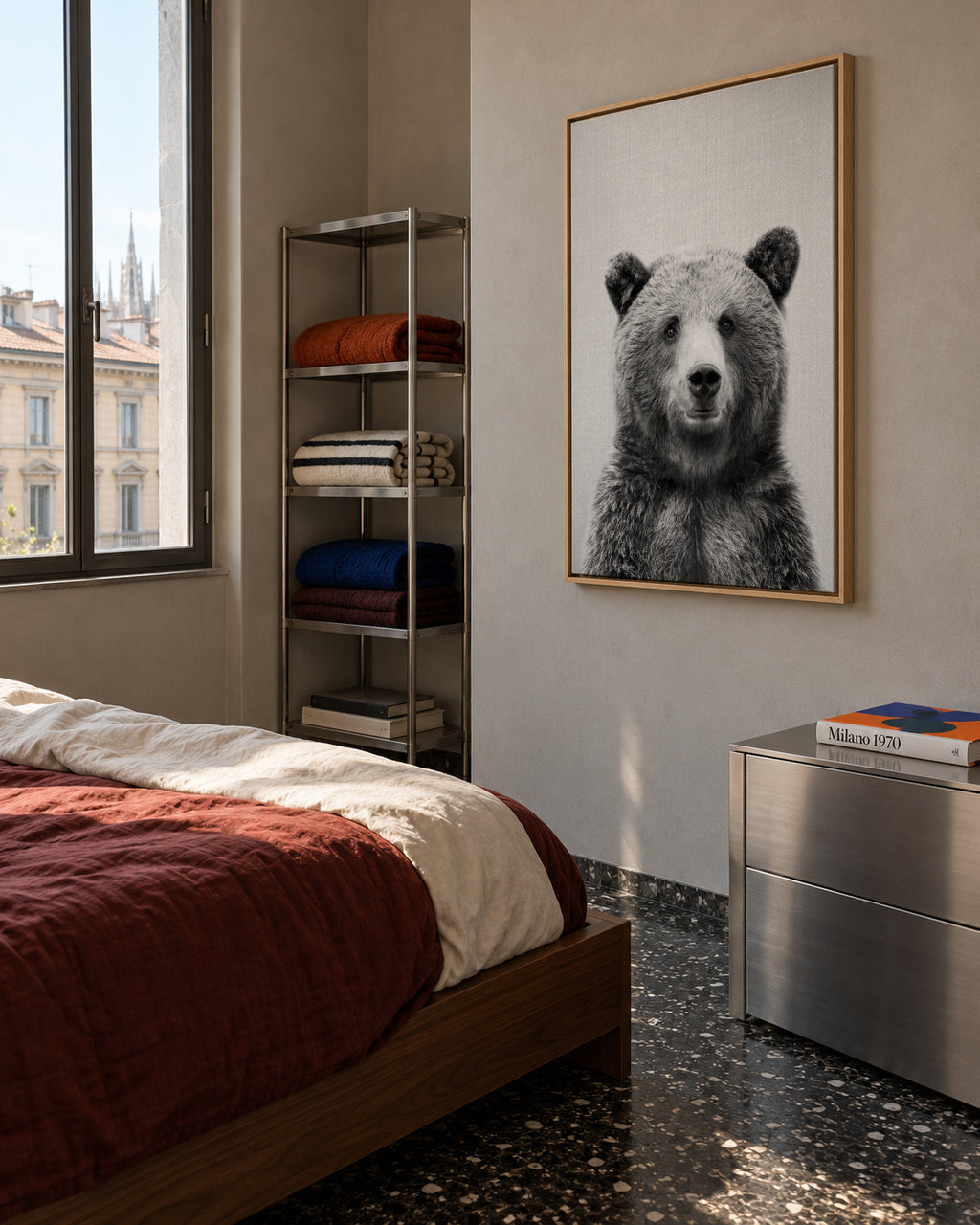 Grizzly Bear - Black & White - Framed canvas in an interior