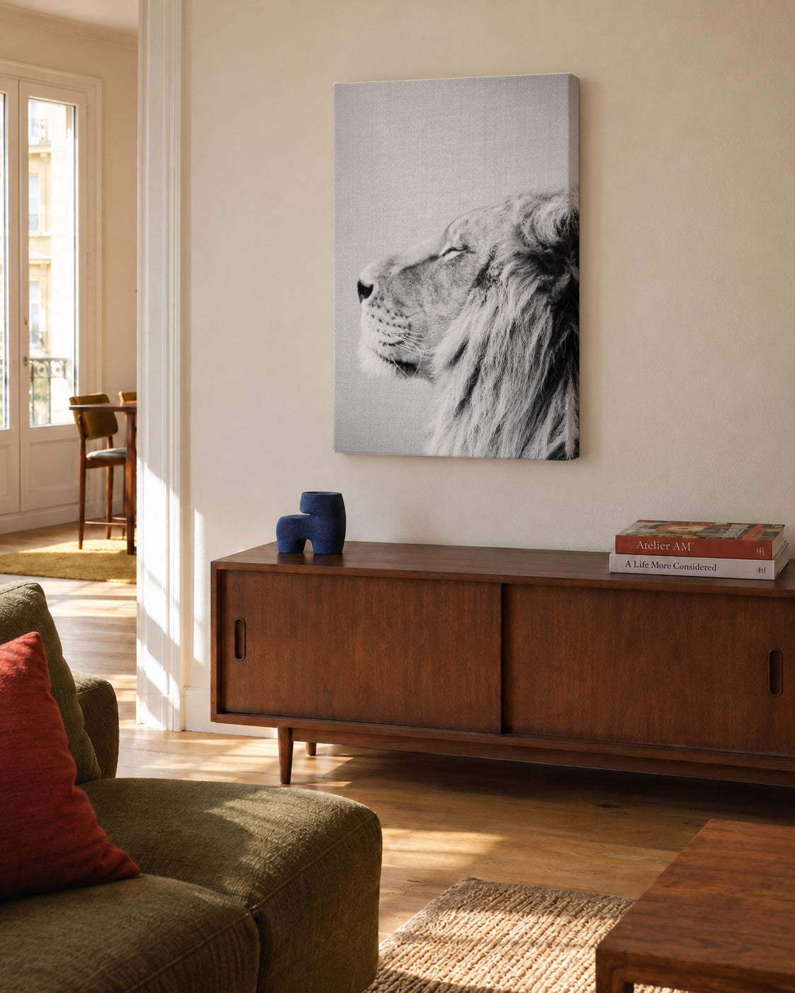 Lion Portrait - Black & White - Unframed canvas in an interior
