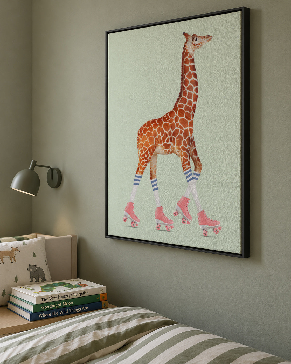Rollerskating Giraffe - Framed canvas in an interior
